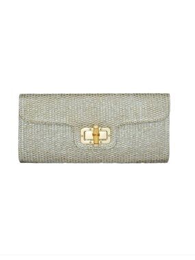 BC Bags Woven Straw Clutch with Gold Turn-Lock Removable Chain Strap